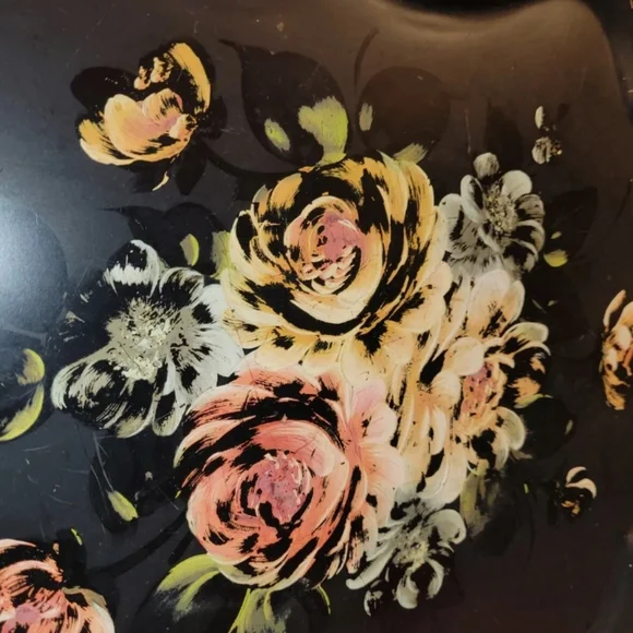 Vintage 1950 Metal Serving Tray Toleware Hand Painted Pink Roses Shabby Chic - Picture 4 of 12